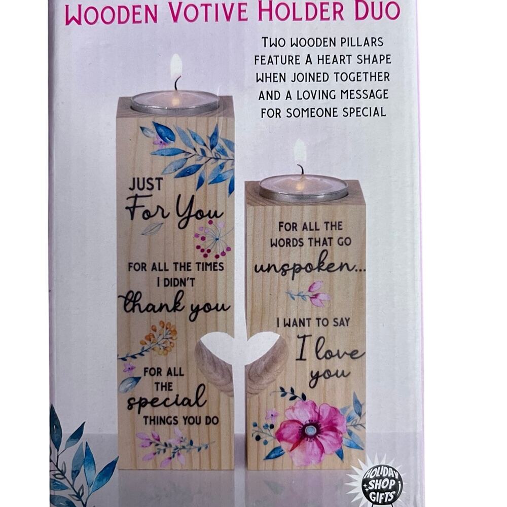 Wooden Votive Holder Duo - 2 Wooden Pillars Loving Messages - Brand New!!